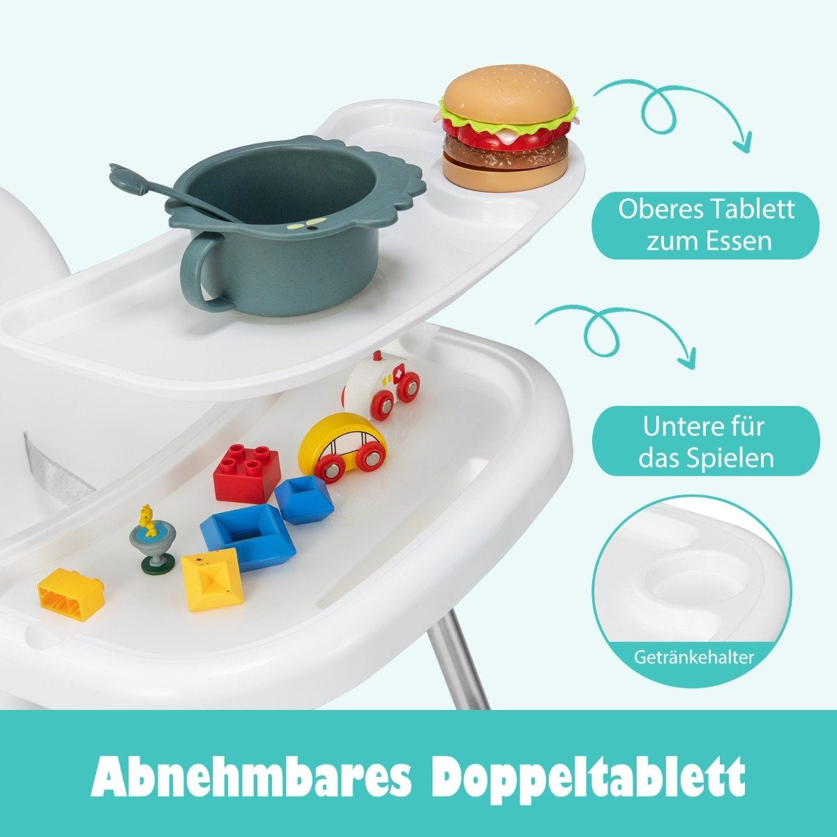 4 in 1 Baby High Chair Made of PP & Stainless Steel High Chair Convertible with Removable Double Tray White