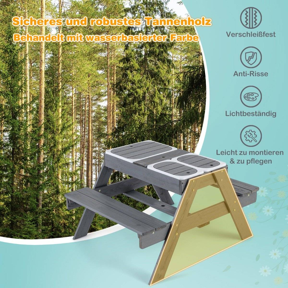 4 in 1 Picnic Table Set for Kids with 3 Removable Containers for Sand/Water Play Table
