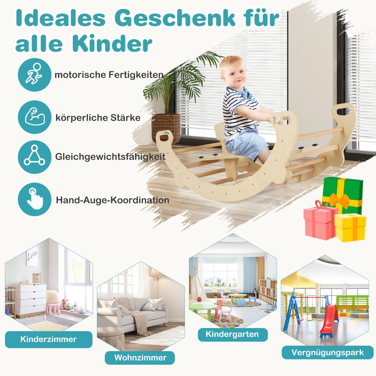 4-in-1 Wooden Climbing Toy – Rocker, Arch, Tunnel