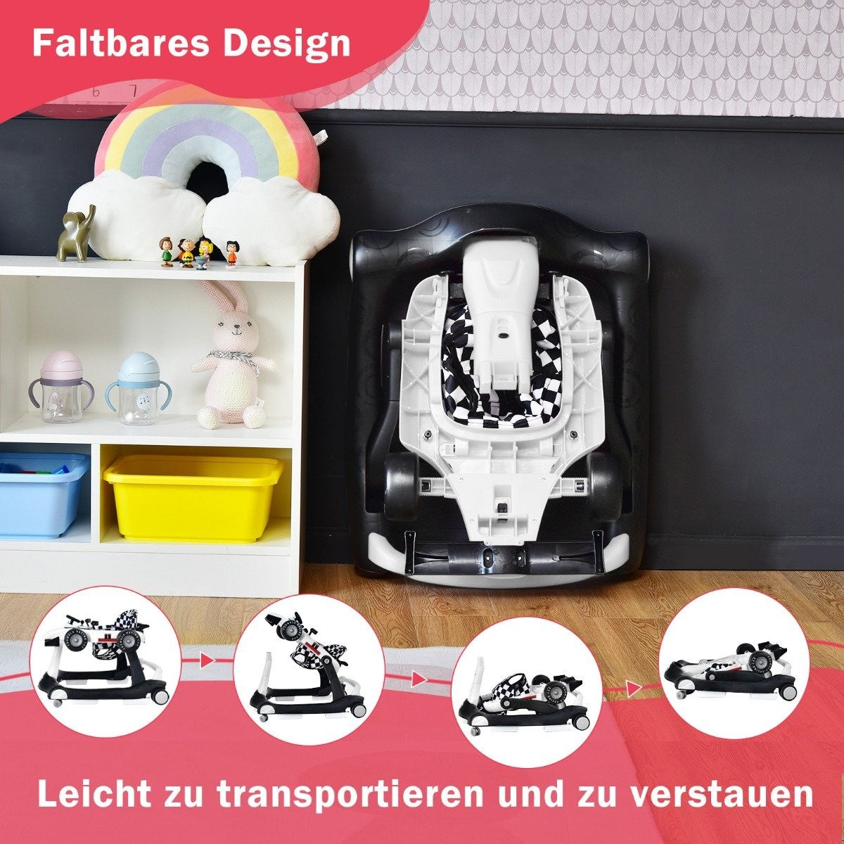 4 in 1 baby walker folding baby walker 73 x 64 x 50.5/53.5/55.5 cm white