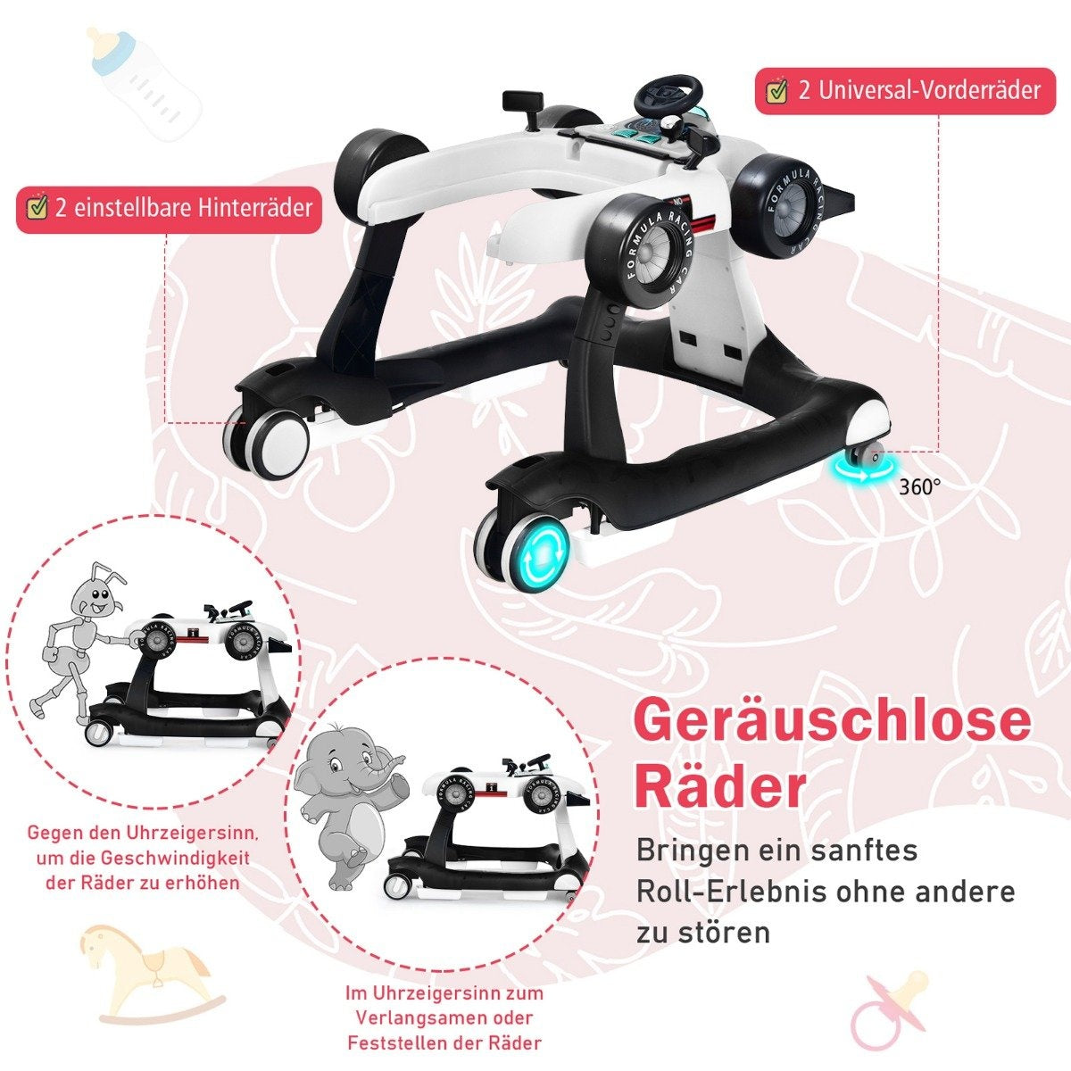 4 in 1 baby walker folding baby walker 73 x 64 x 50.5/53.5/55.5 cm white