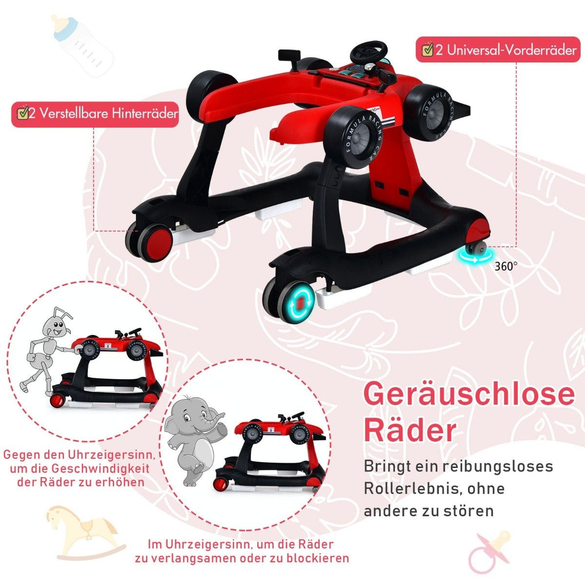 4 in 1 baby walker folding baby walker with adjustable height red