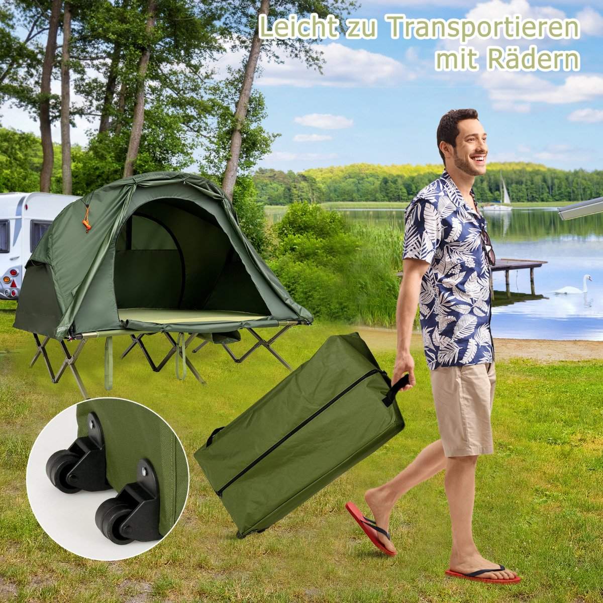 4 in 1 camping tent set for 2 people with cover and mattress 194 x 146 x 160 cm green