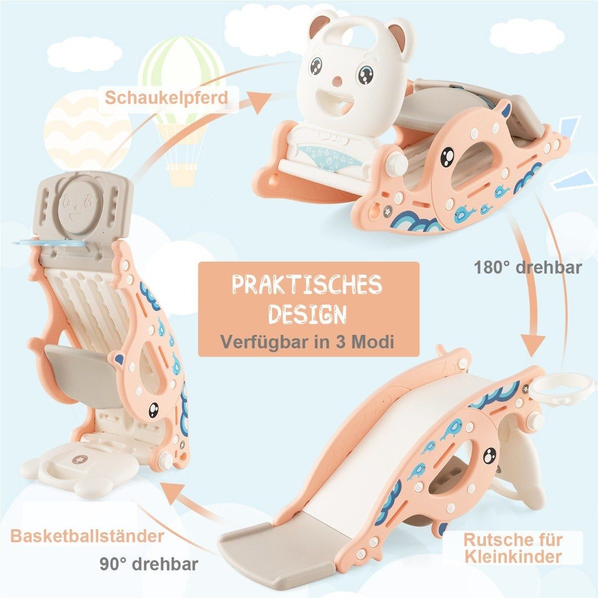 4-in-1 slide toy for children with basketball hoop & ring game pink