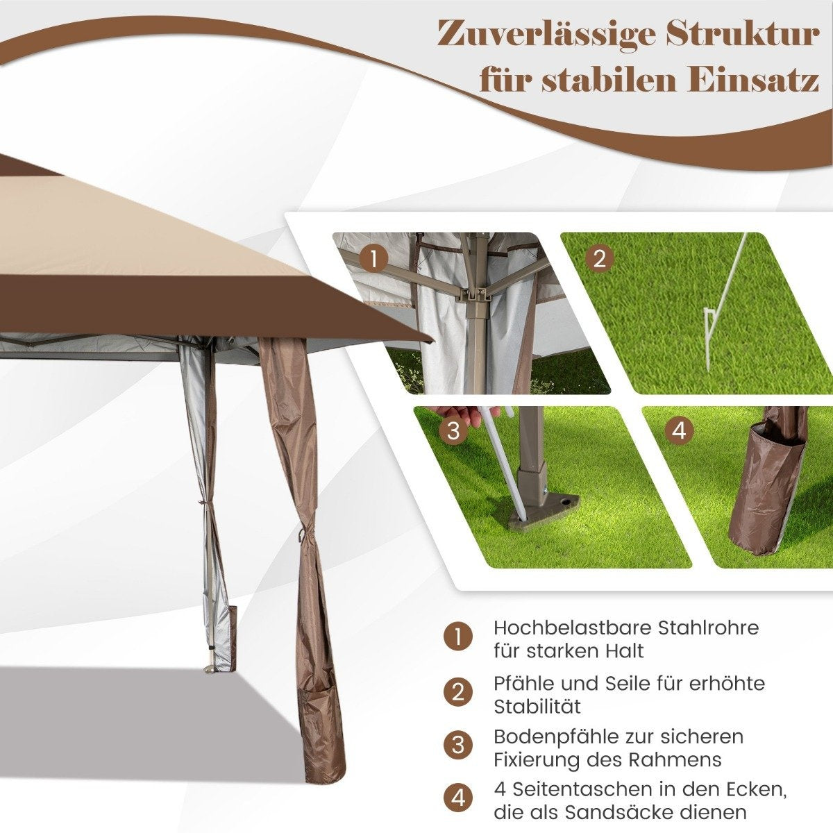 4m x 4m Patio Gazebo Canopy Tent with Wheels Beige