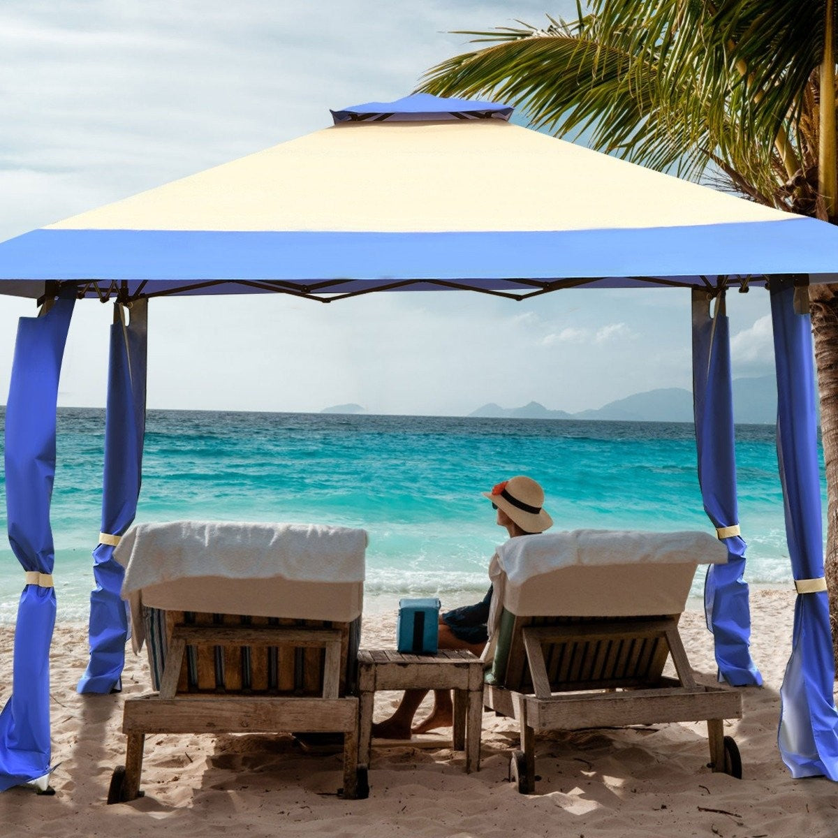 4 m x 4 m large event tent shade provider with 2-story roof blue