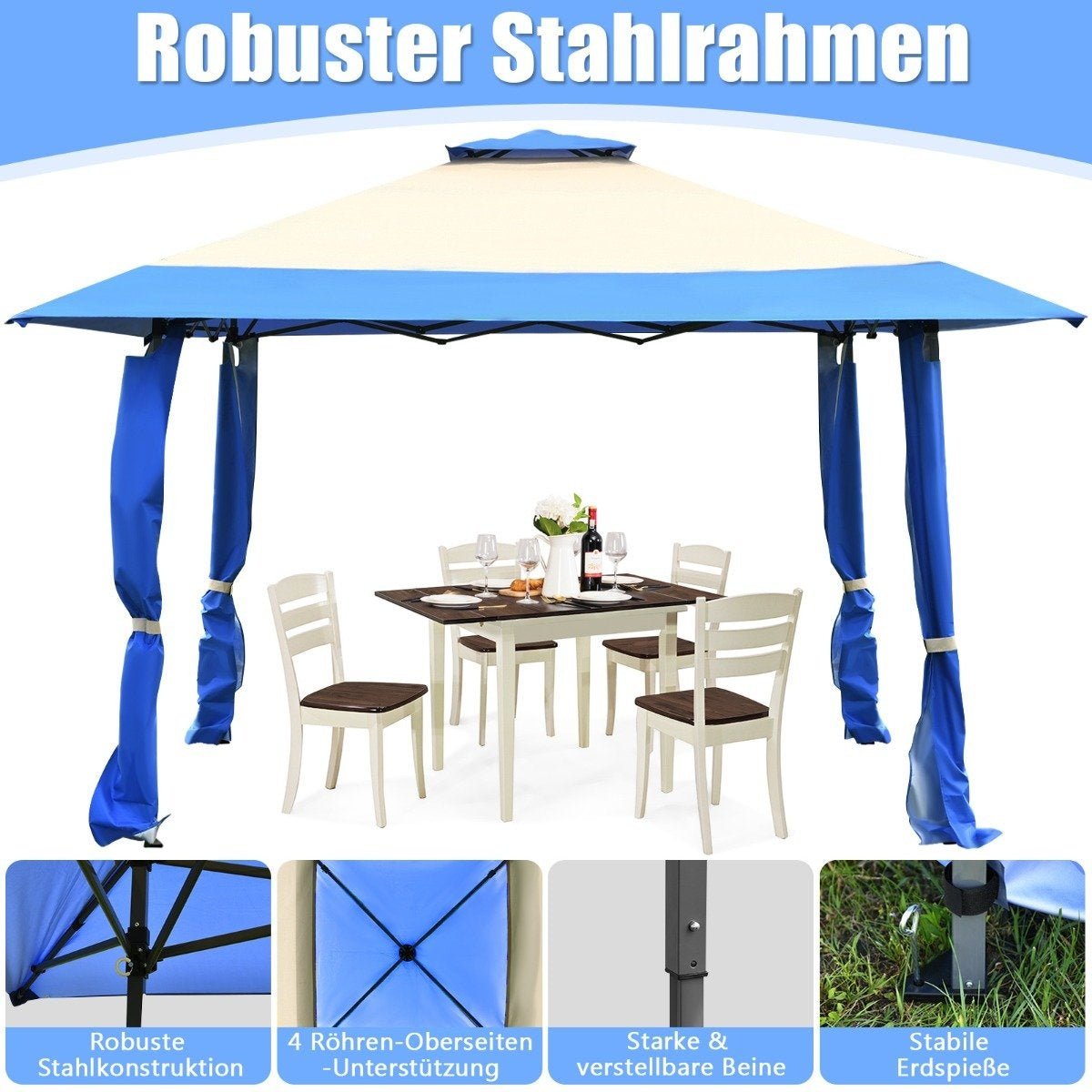 4 m x 4 m large event tent shade provider with 2-story roof blue