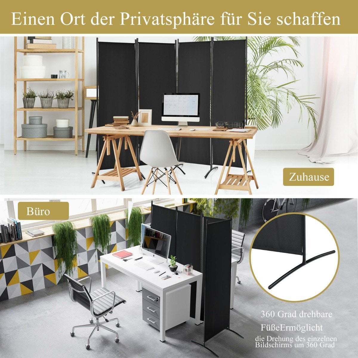 4-piece folding partition privacy screen for home, office 220 x 51 x 173 cm black