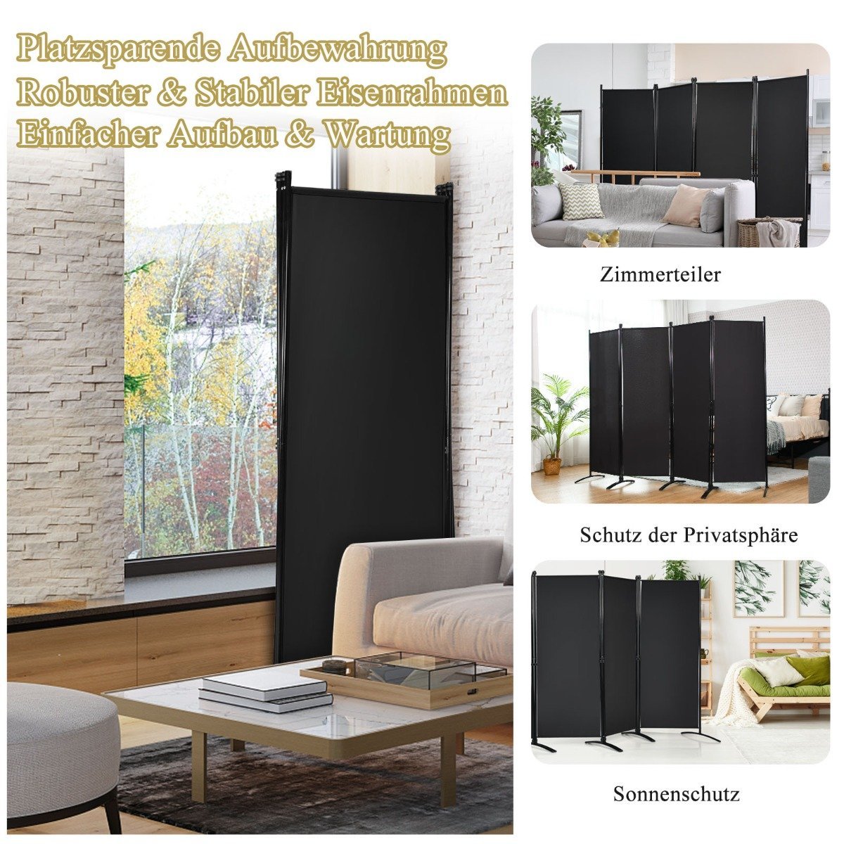 4-piece folding partition privacy screen for home, office 220 x 51 x 173 cm black