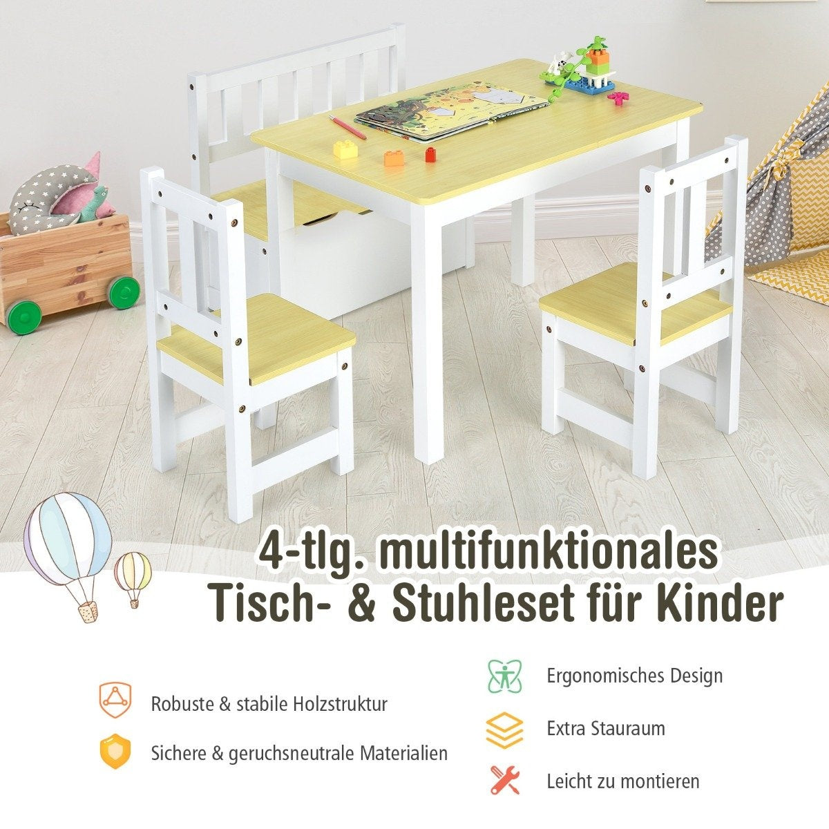 4-piece table and chair set for children 2 in 1 set made of wood for toddlers natural + white