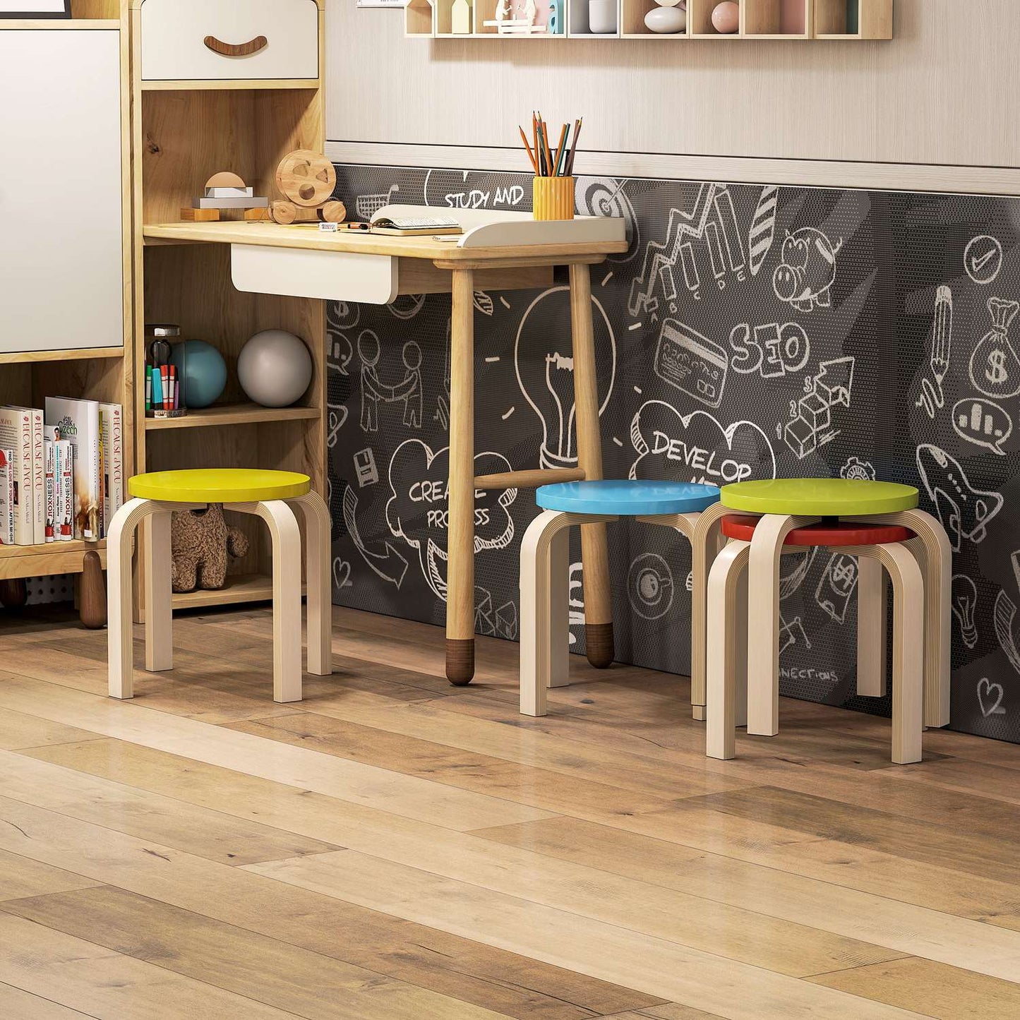 4 stacking stools with felt foot pads, birch plywood, varnished, colored
