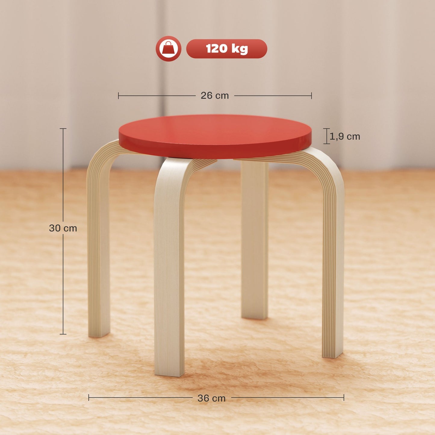 4 stacking stools with felt foot pads, birch plywood, varnished, colored