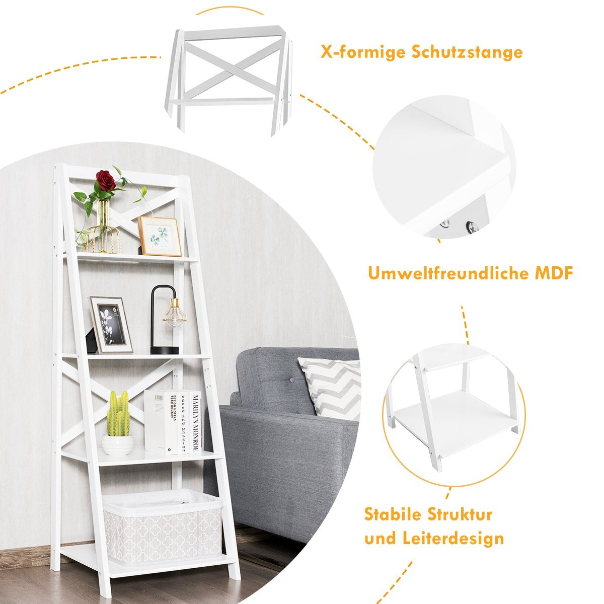 4-tier ladder shelf corner shelf made of wood with crossbar 51 x 46 x 143 cm white