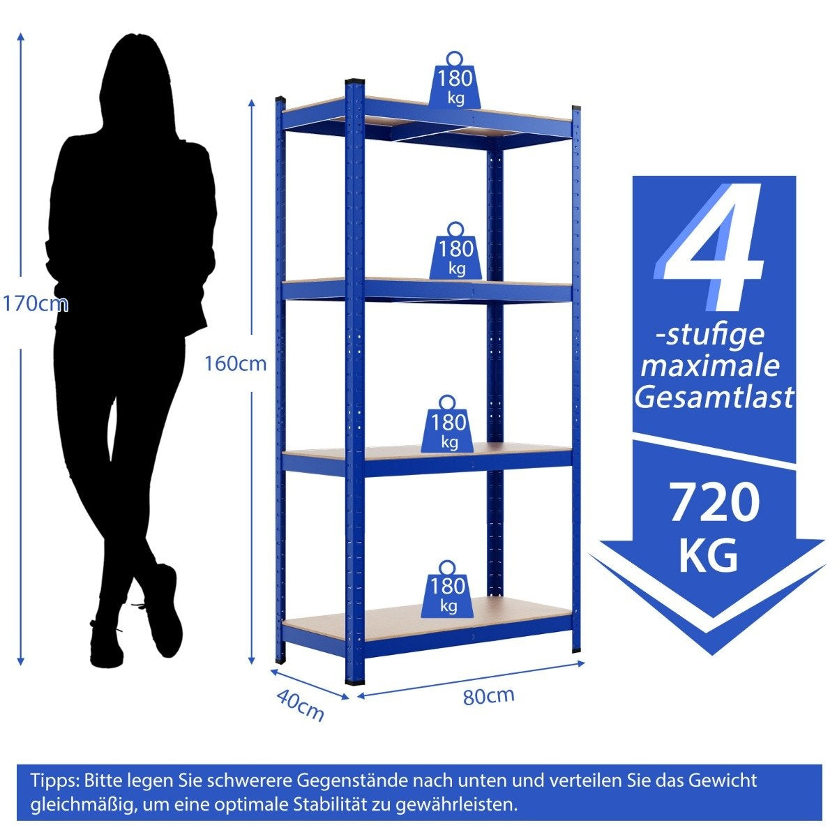 4 tier storage rack with metal frame, heavy duty rack, can hold up to 720 kg, metal rack, blue