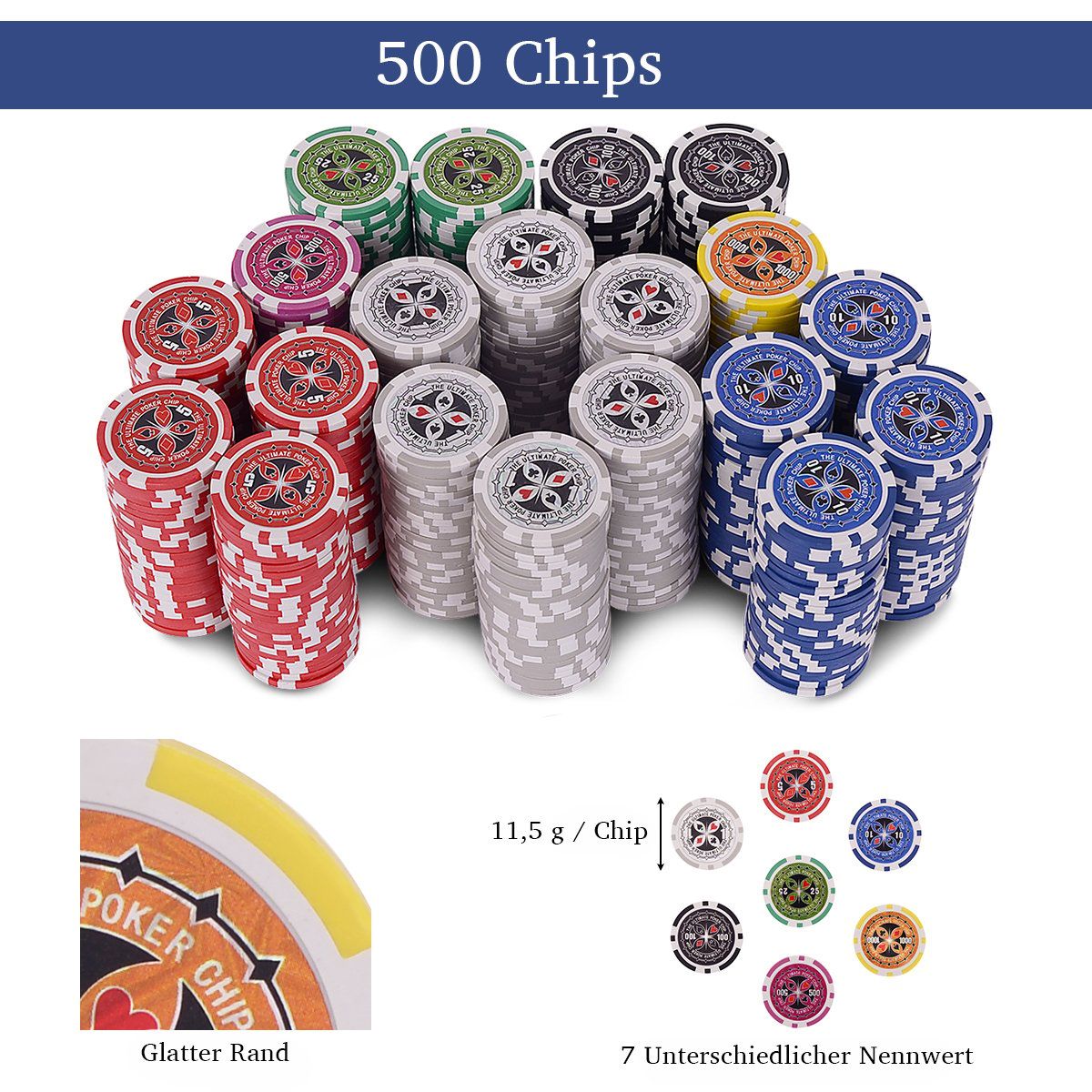 500-piece casino poker set with chips & playing cards & dice & dealer chips & table cloth black