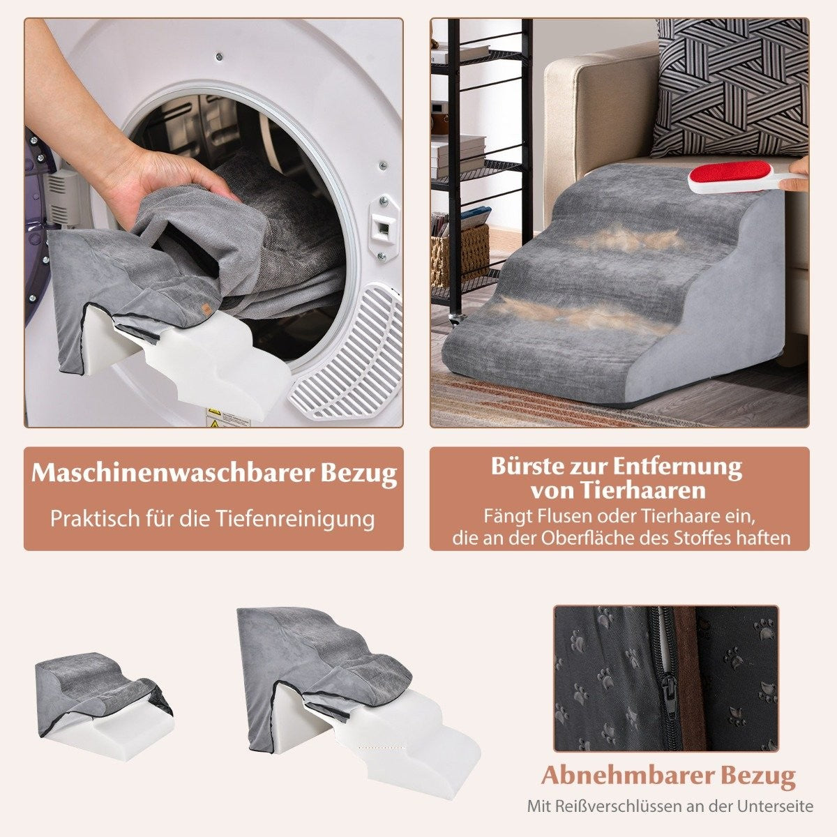 5 & 3 Step Dog Stairs with Chenille Fabric Surface & Pet Hair Brush Non-Slip Gray