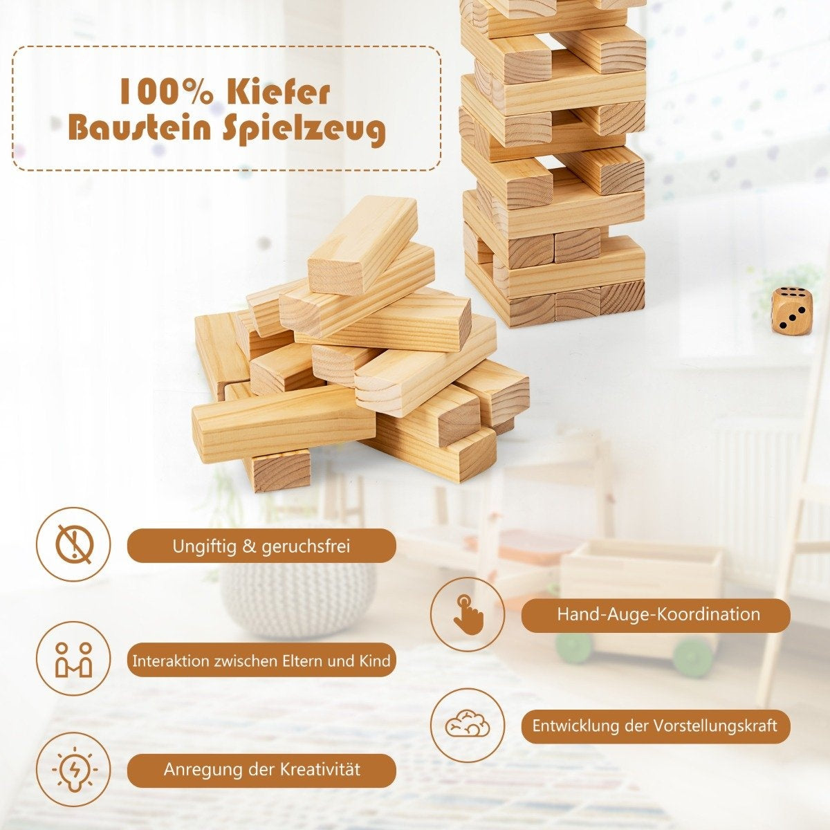 54 blocks made of pine wood Darn tower game building blocks game 5 x 3.3 x 15.2 cm natural