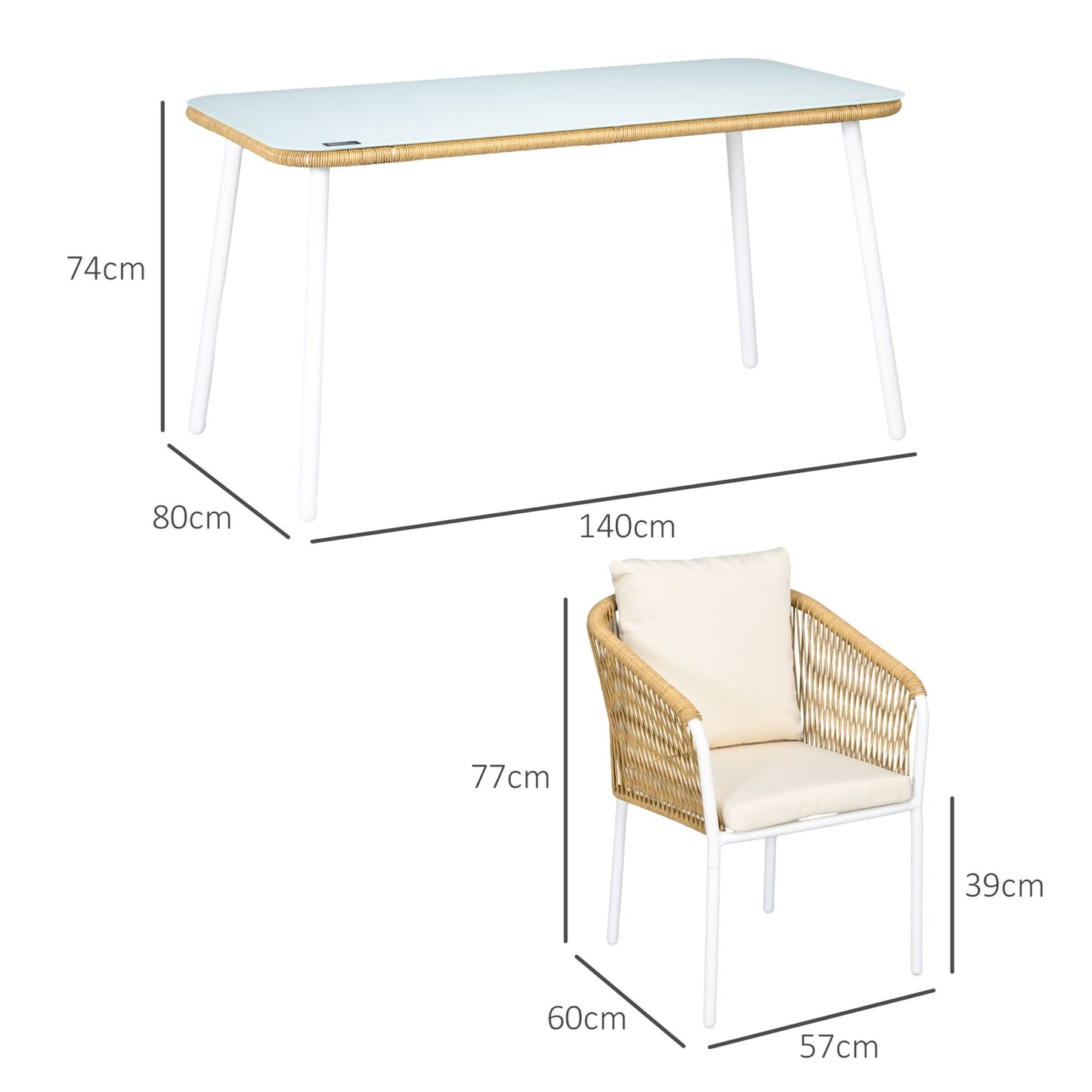 Rattan garden dining set, 5 pcs, glass table & cushions