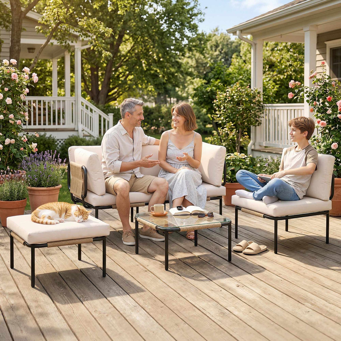 5-Piece Rattan Patio Set with Cushions and Table