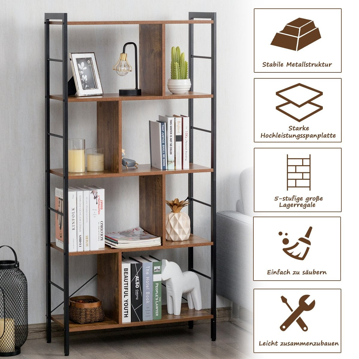 5-Tier Bookcase Bookshelf with Metal Frame Standing Shelf Wood 74 x 30 x 154.5 cm Brown
