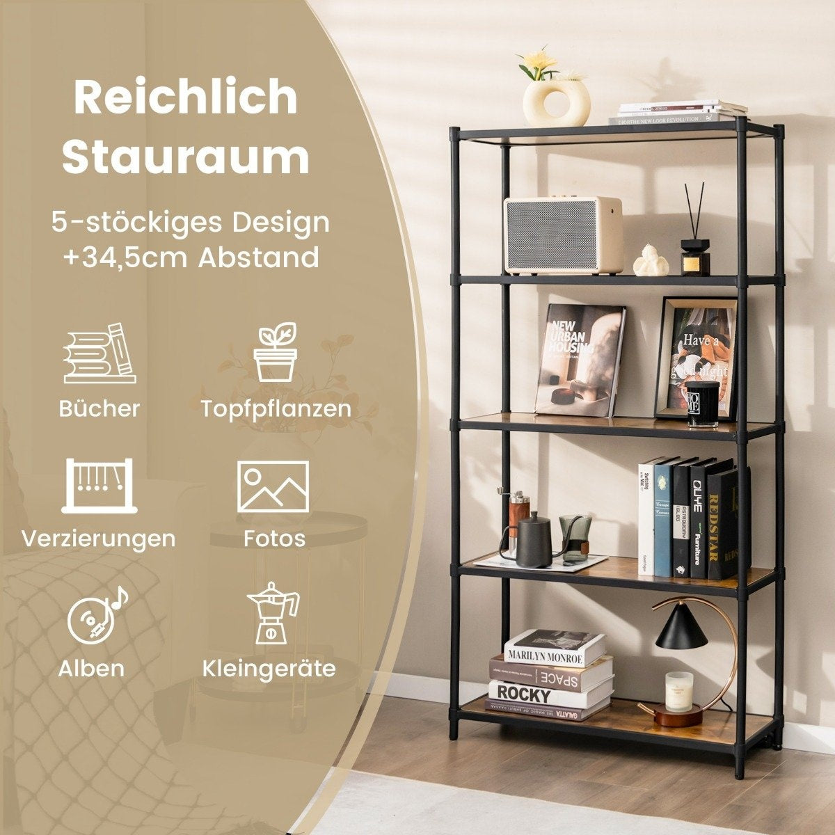 5-Tier Bookcase Freestanding Storage Rack 80 x 29 x 154 cm