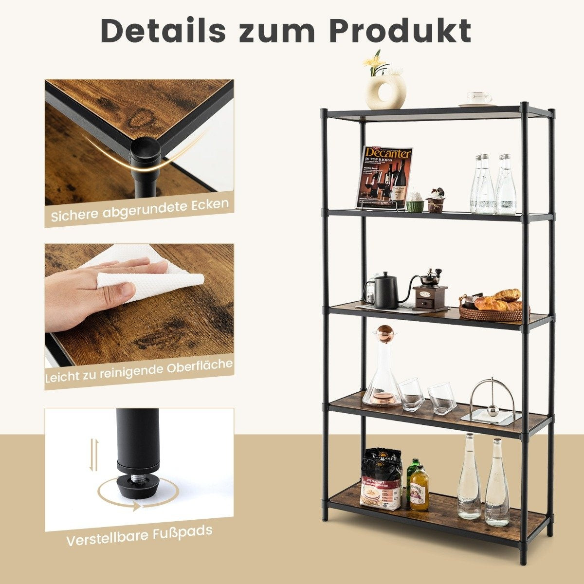 5-Tier Bookcase Freestanding Storage Rack 80 x 29 x 154 cm