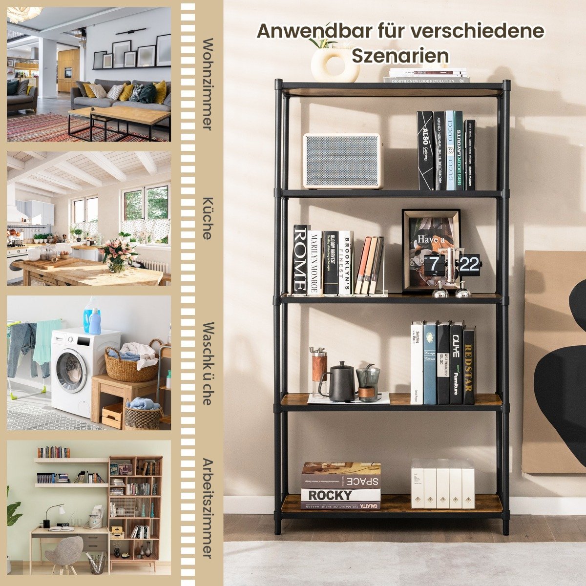 5-Tier Bookcase Freestanding Storage Rack 80 x 29 x 154 cm