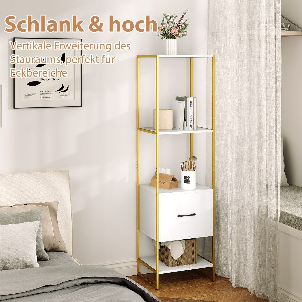 5 Tier Bookcase with Drawer & Metal frame bookcase modern standing shelf white