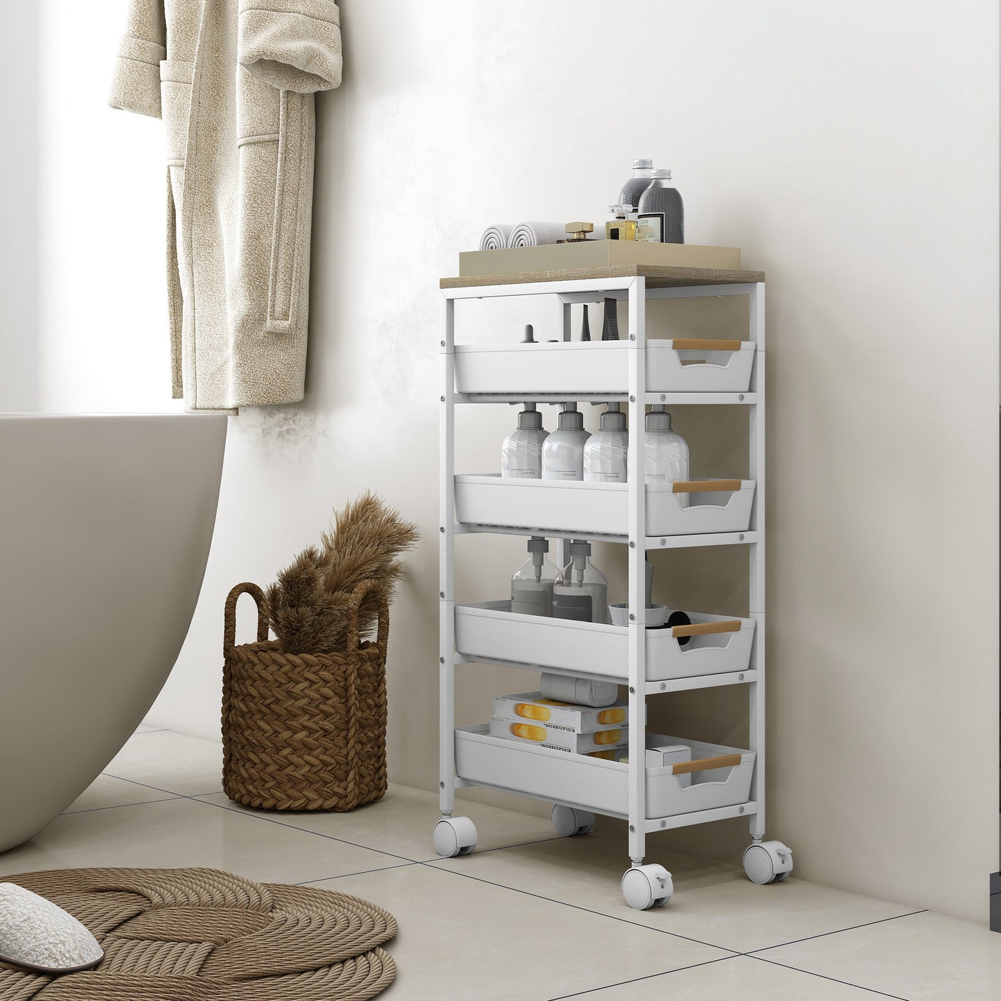 5-Tier Kitchen Cart, Wood Look, Metal Frame, 4 Drawers