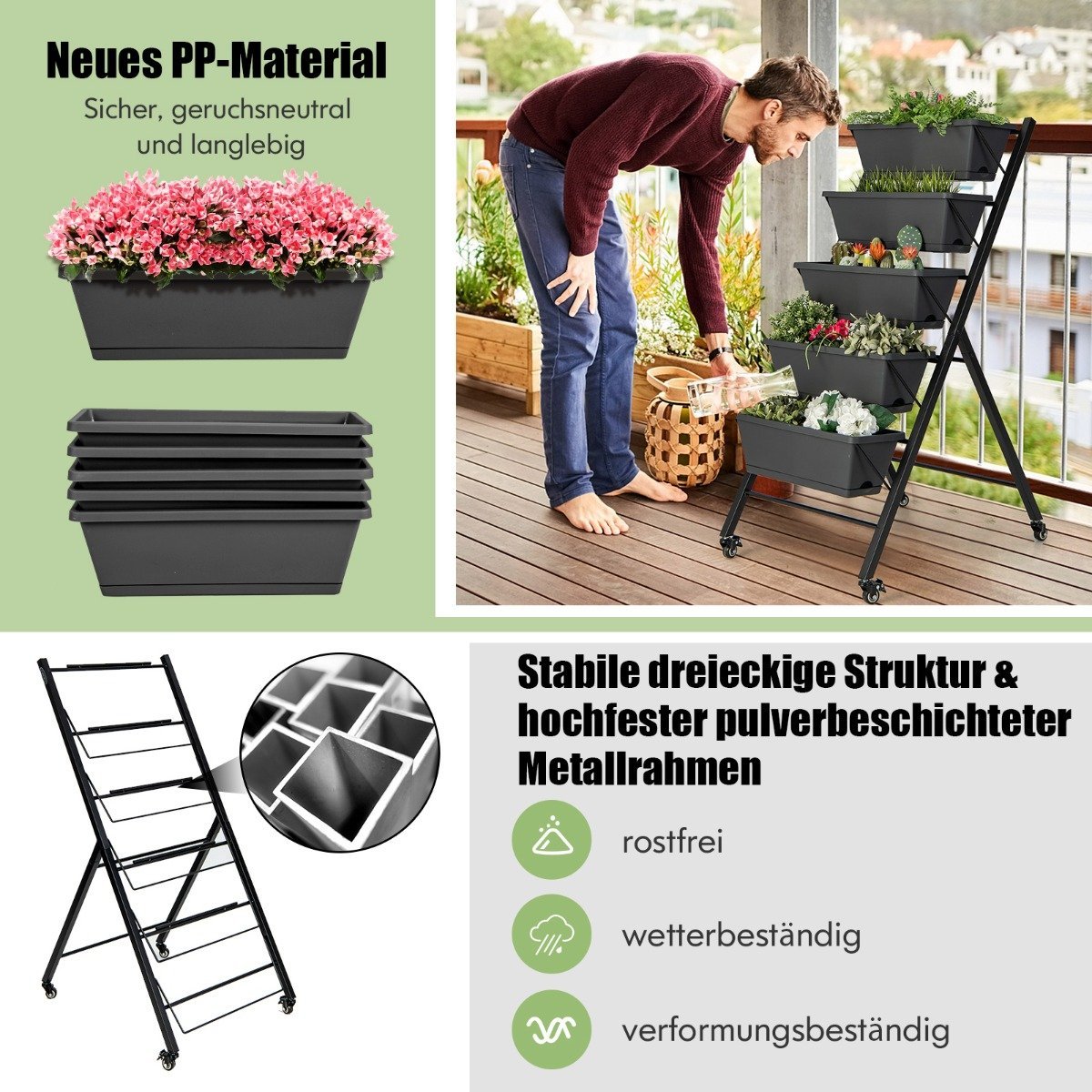 5 Tier Vertical Raised Bed with Wheels & Drainage Holes & Container Boxes Black