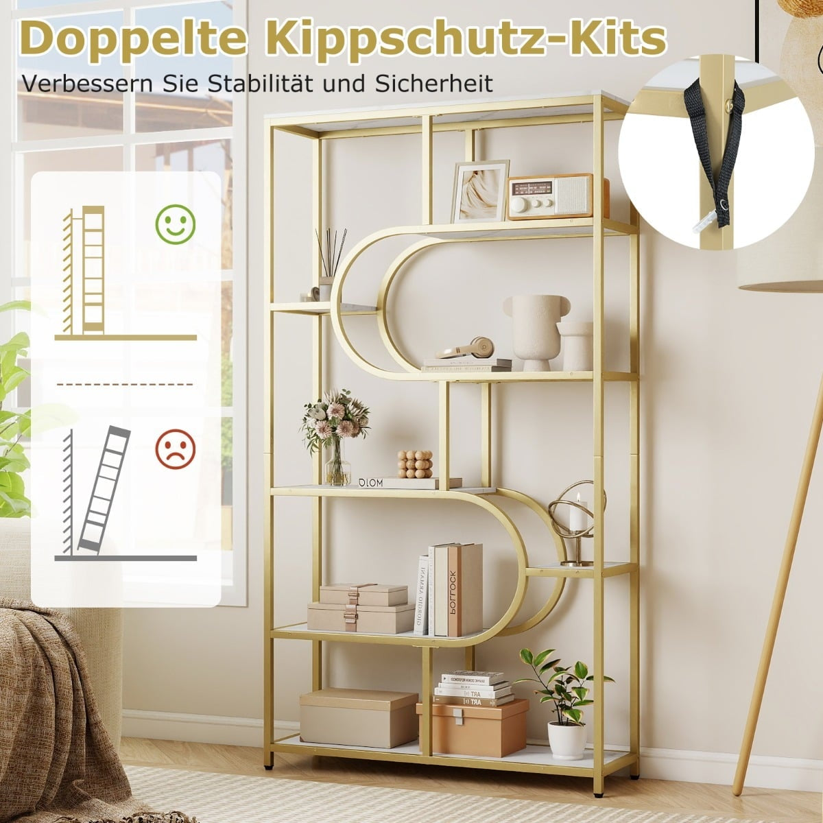 5-Tier White & Gold Bookshelf with Open Shelves