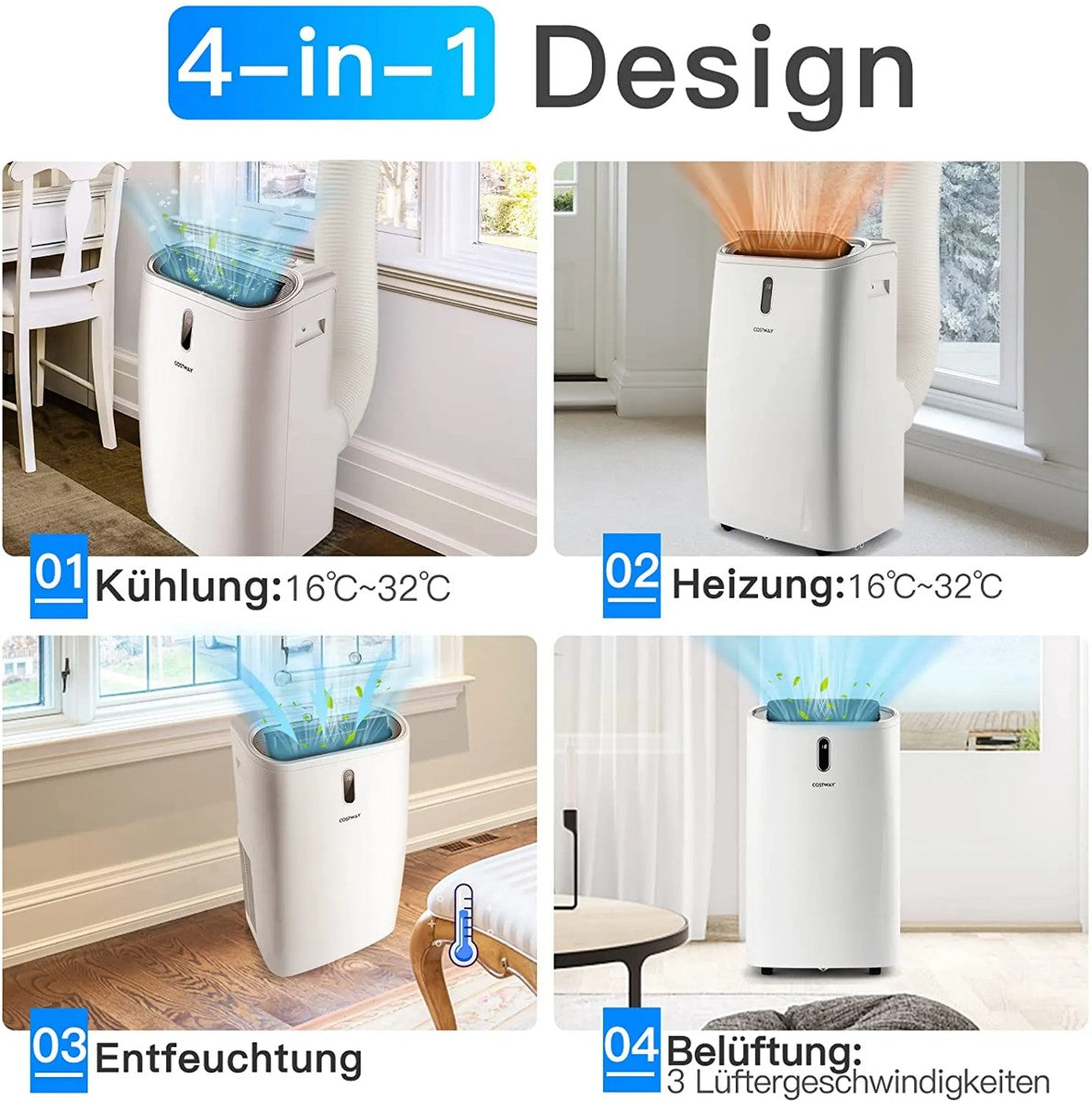5 in 1 Air Conditioner 14000 BTU Heating & Cooling & Fan & Dehumidifying Portable Air Conditioner for 40 ㎡ 44.5 x 39 x 77 cm White
