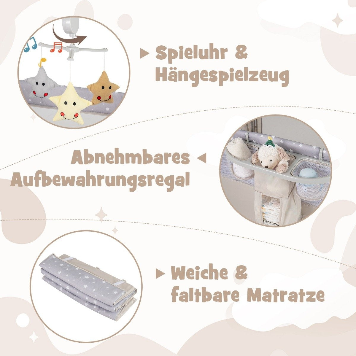 5 in 1 folding side bed travel cot with mattress 2 level baby bed with wheels beige