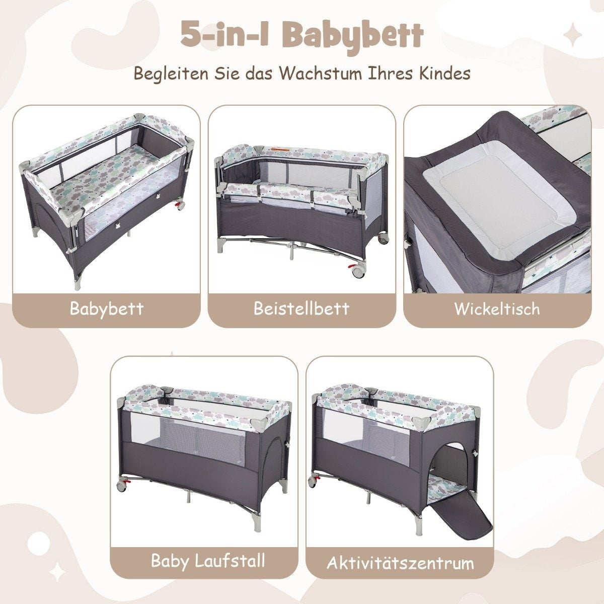 5 in 1 folding side bed travel cot with mattress 2 level baby bed with wheels grey