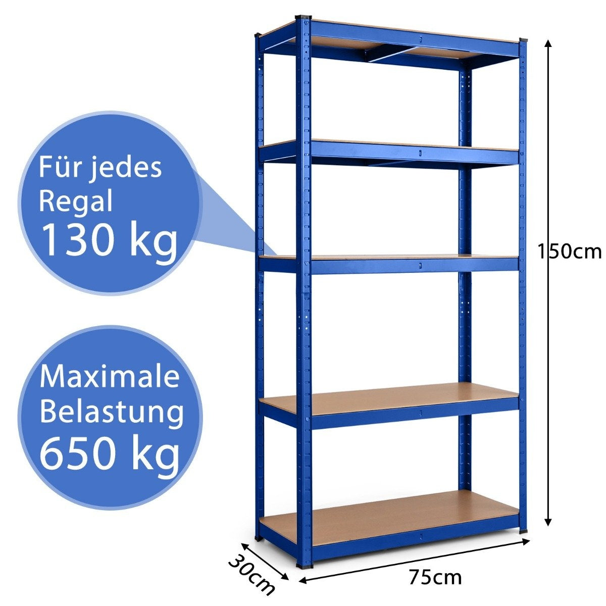 5 level storage rack with metal frame, metal rack, load capacity up to 650 kg, 75 x 30 x 150 cm, blue