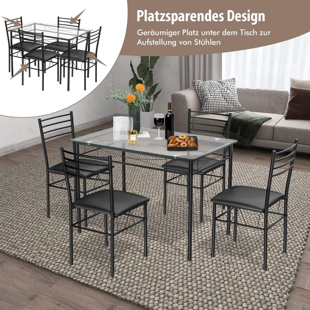 5-piece dining table set, dining table with glass top, dining group with padded chair, black