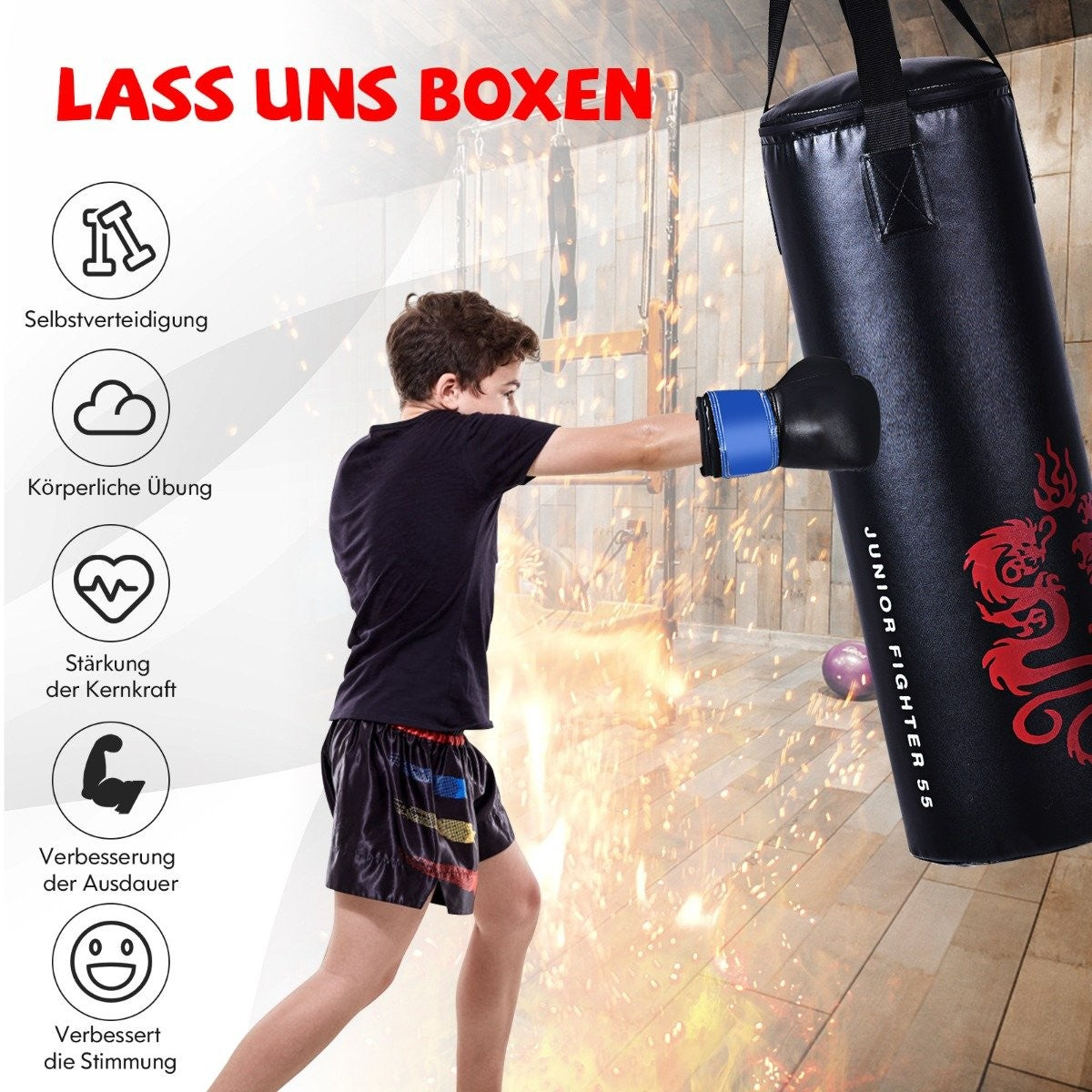 5-piece punching bag set for children with boxing gloves, skipping rope, carry bag, ceiling hook, hanging boxing equipment, black