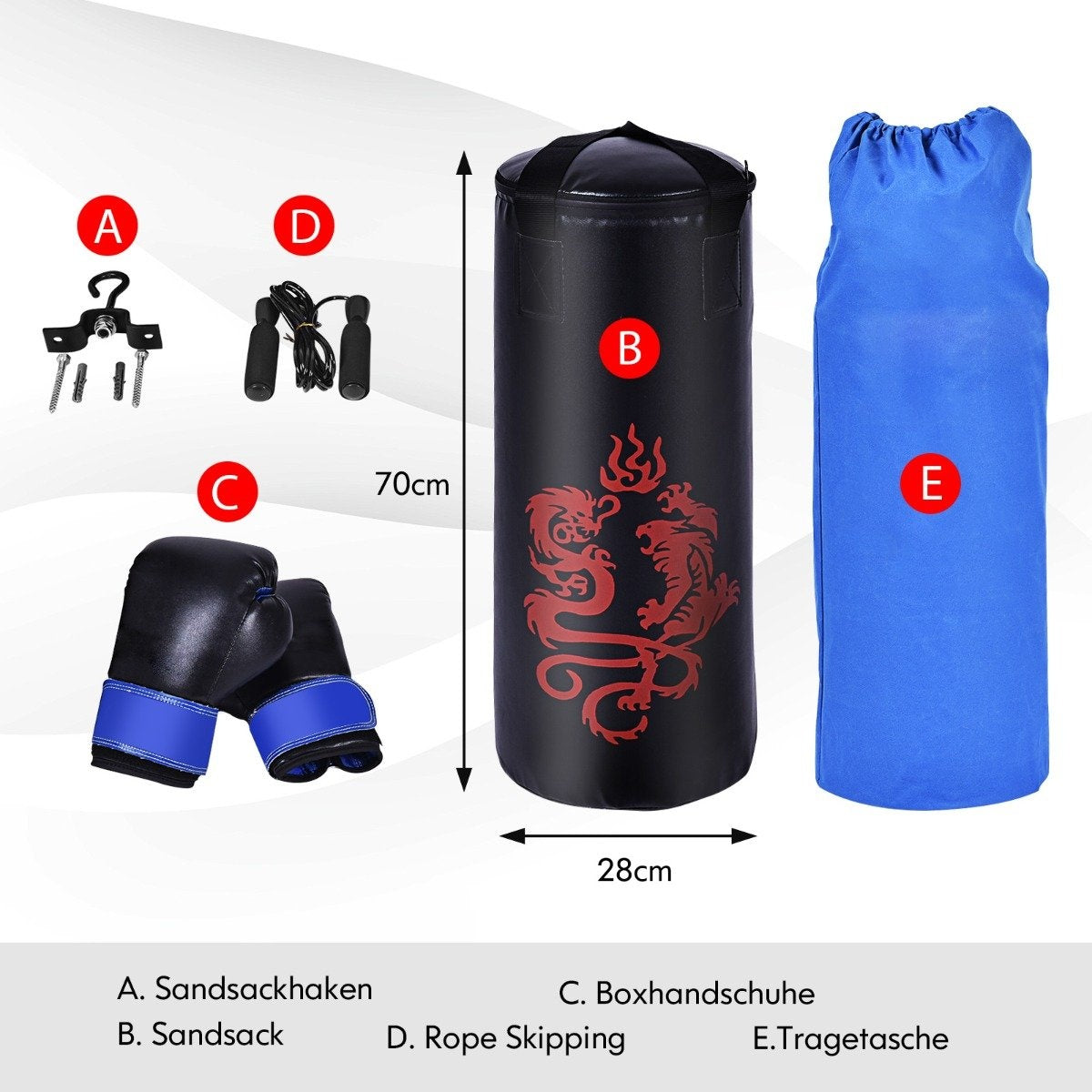 5-piece punching bag set for children with boxing gloves, skipping rope, carry bag, ceiling hook, hanging boxing equipment, black