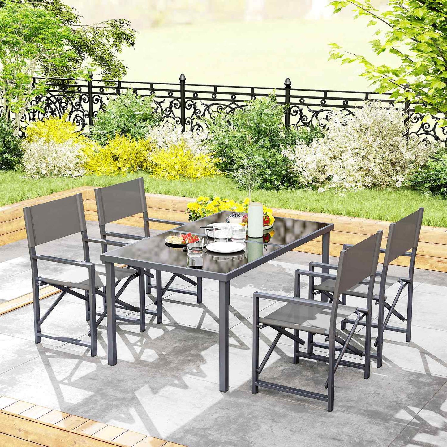 5-piece dining room set in steel with folding chairs, grey
