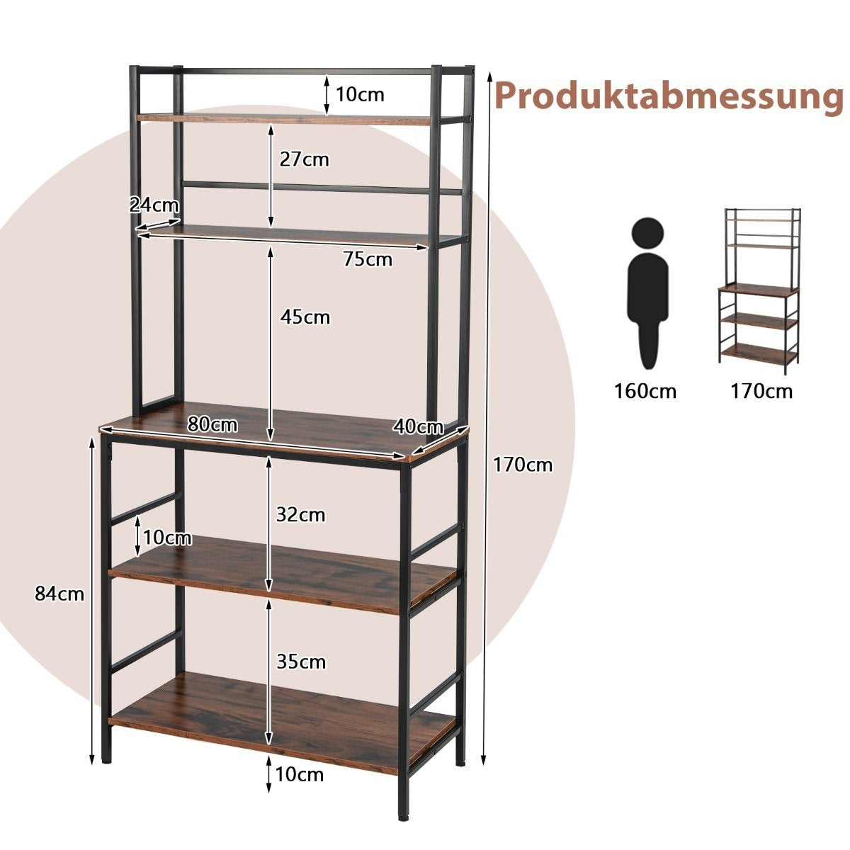 5-tier kitchen shelf with attachment & open shelves, anti-tip device, free-standing kitchen storage rack, rustic brown