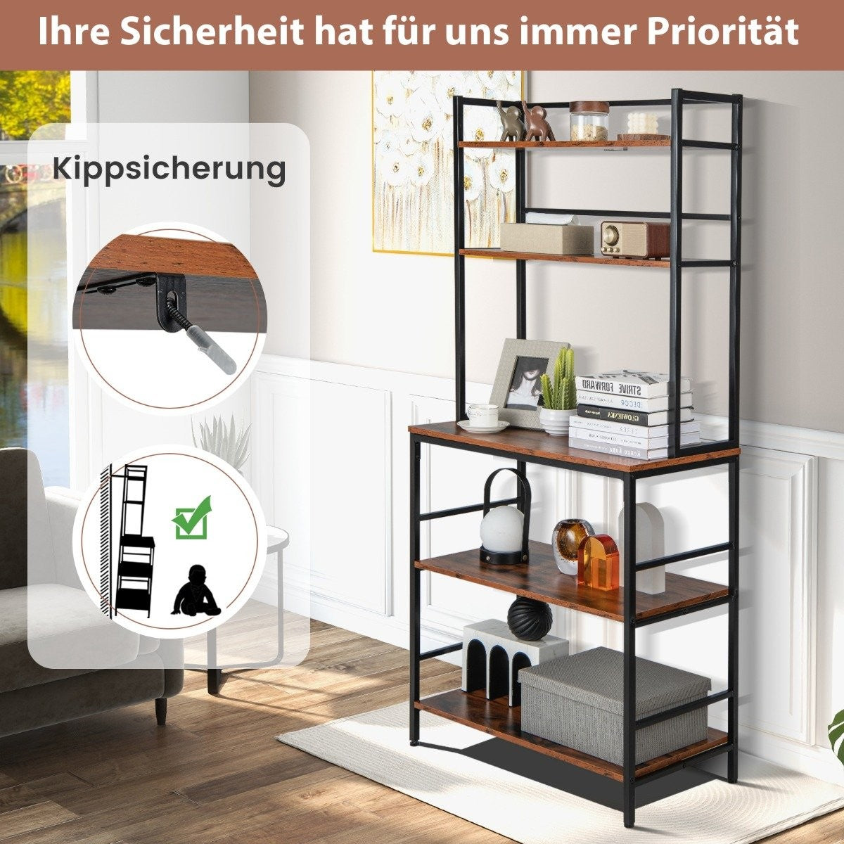 5-tier kitchen shelf with attachment & open shelves, anti-tip device, free-standing kitchen storage rack, rustic brown