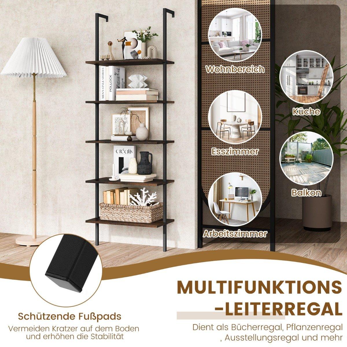 5-tier ladder shelf wall shelf with steel frame 60 x 30 x 180 cm rustic brown