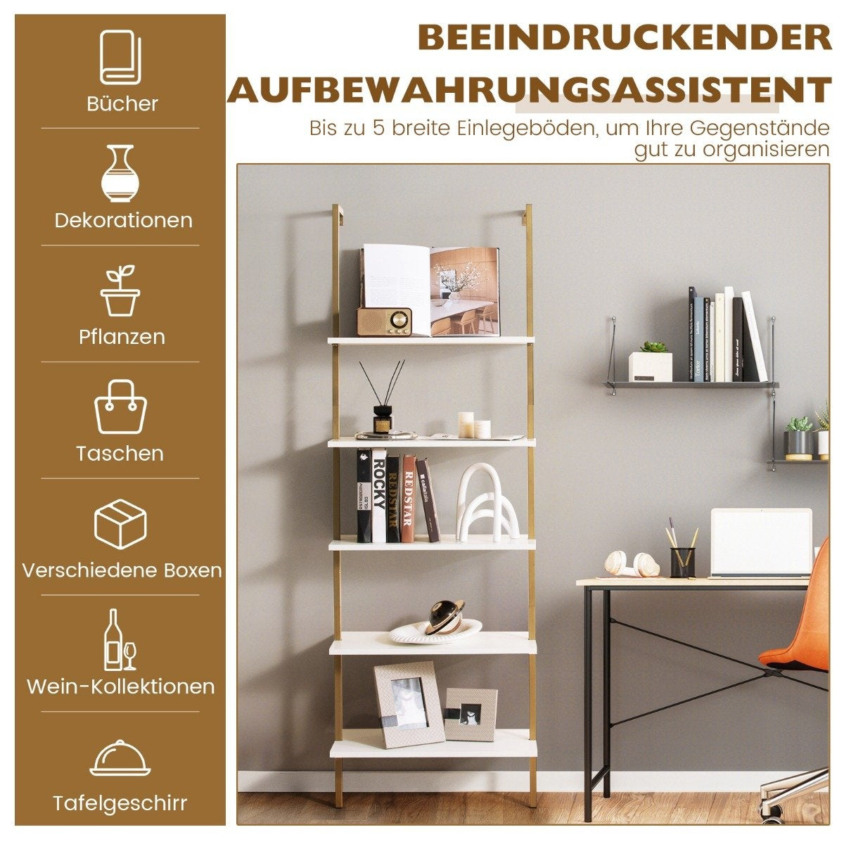 5-tier ladder shelf wall shelf with steel frame 60 x 30 x 180 cm white & gold