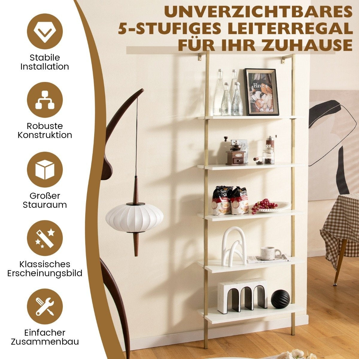 5-tier ladder shelf wall shelf with steel frame 60 x 30 x 180 cm white & gold