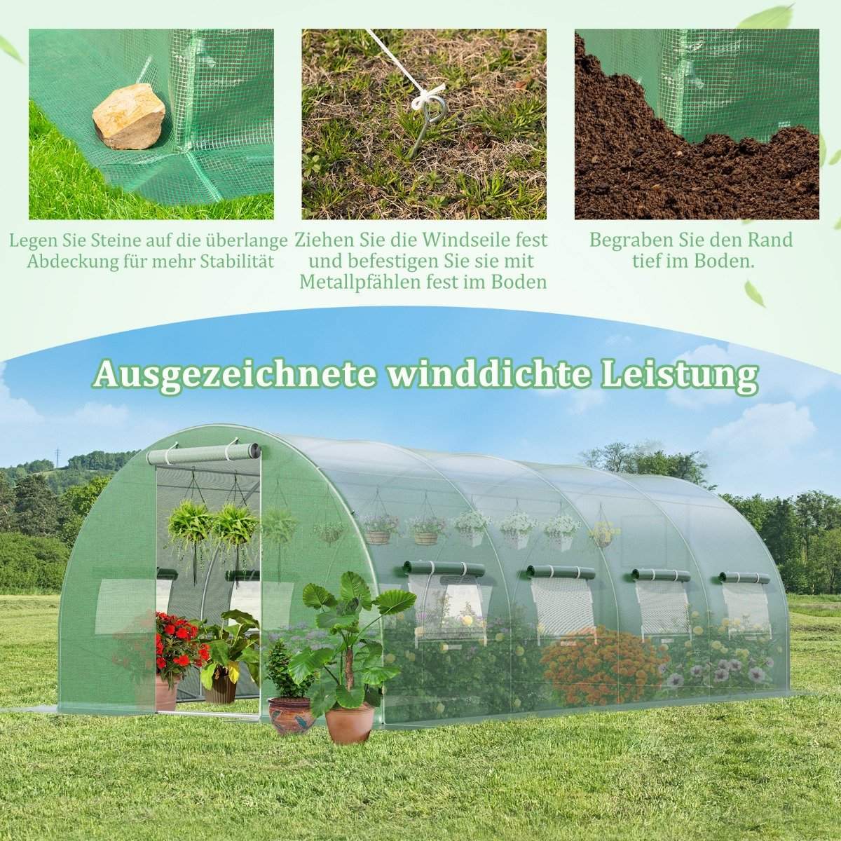 600 x 300 x 200 cm Large Walk-in Tunnel Greenhouse Green