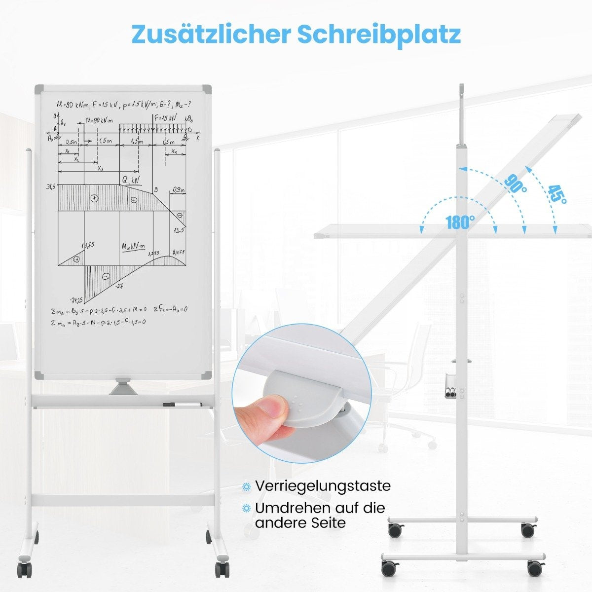 60 x 100 cm Double-Sided Magnetic Whiteboard with Wheels & Stand & Pen Tray White