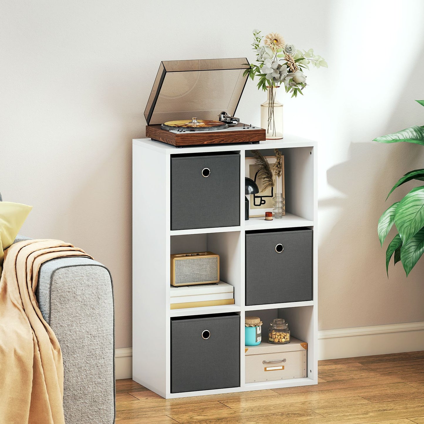 6-Cube Storage Shelf with 3 Fabric Drawers, Grey