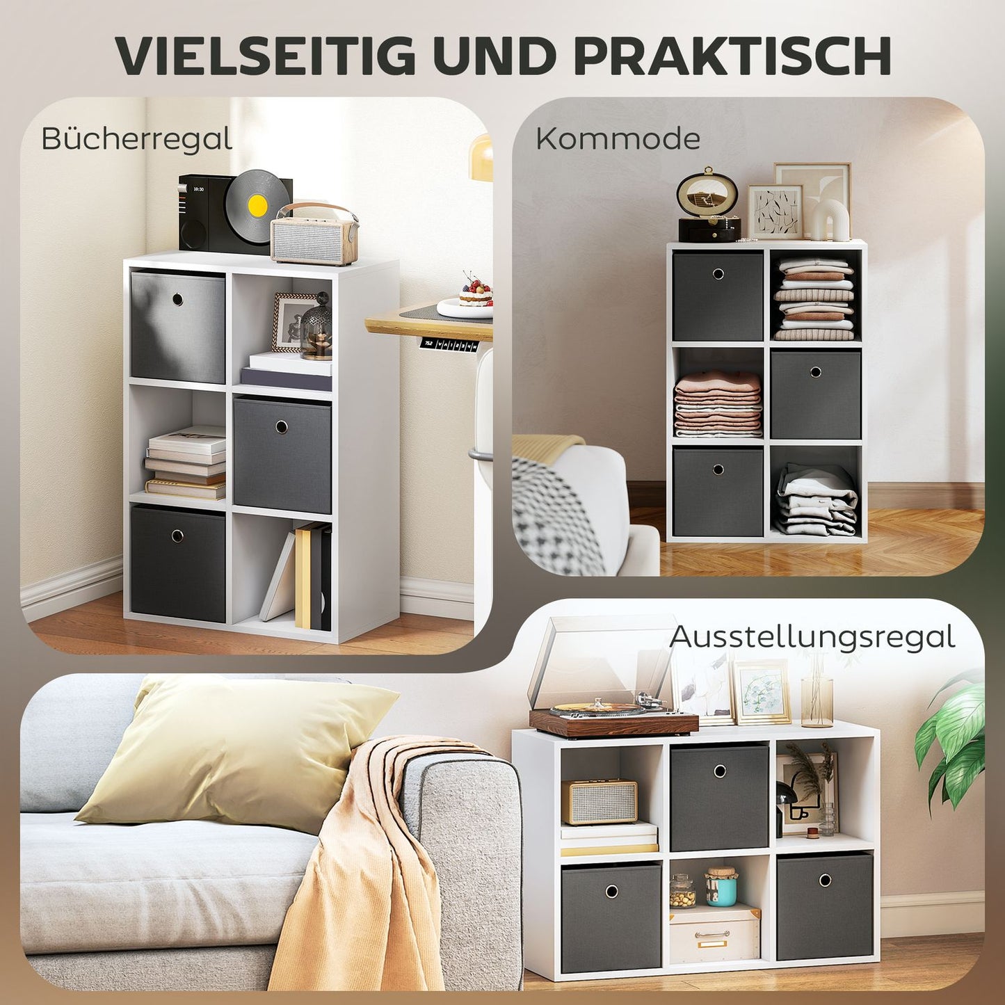 6-Cube Storage Shelf with 3 Fabric Drawers, Grey