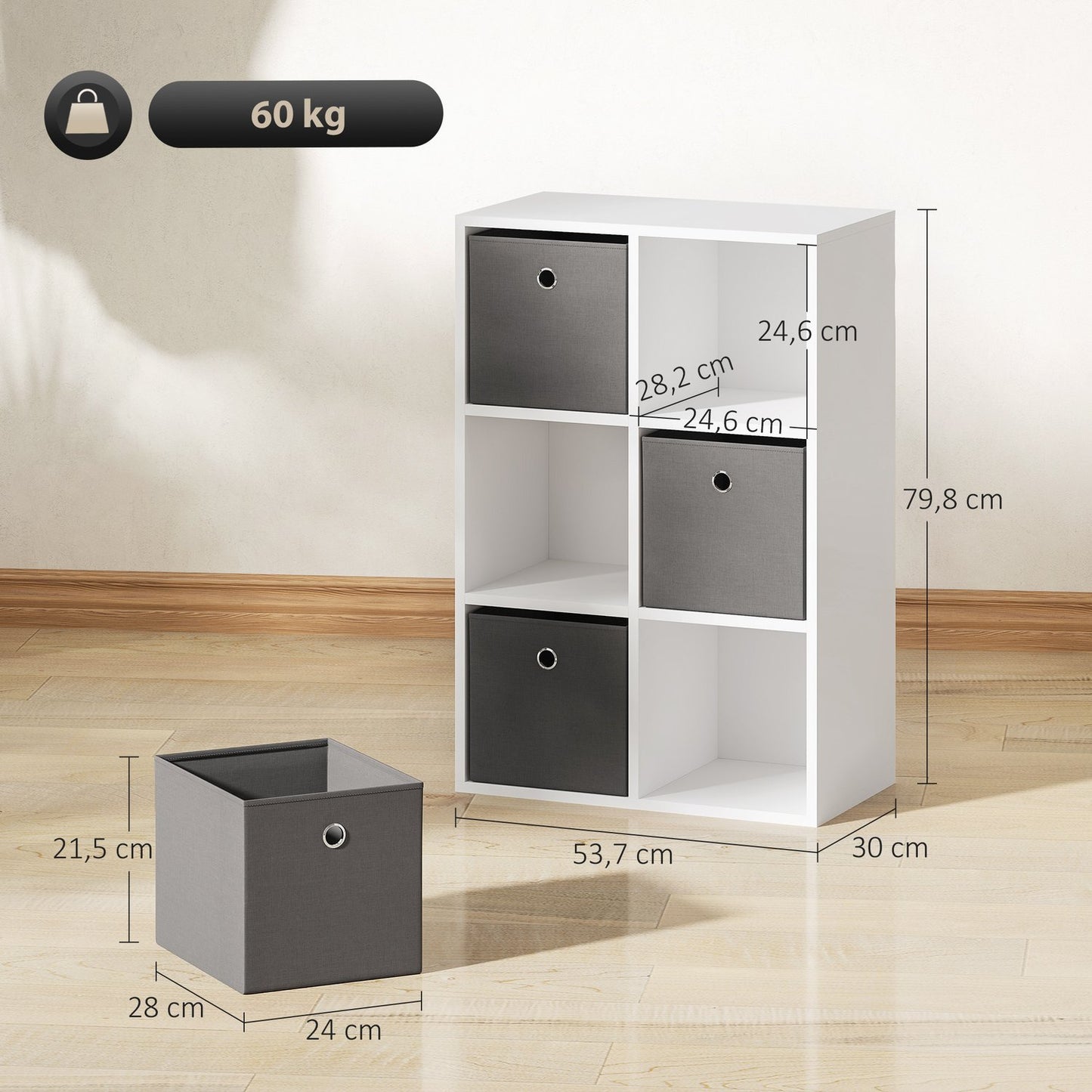 6-Cube Storage Shelf with 3 Fabric Drawers, Grey