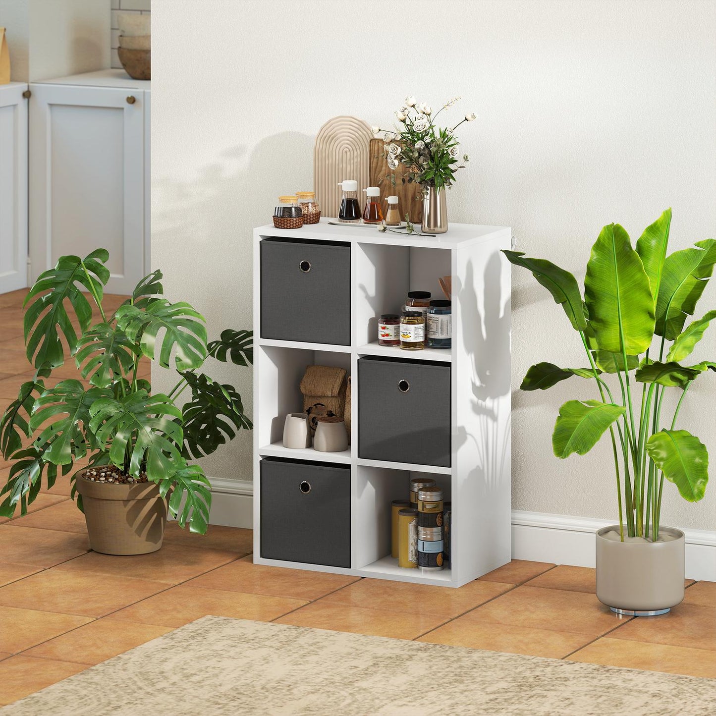 6-Cube Storage Shelf with 3 Fabric Drawers, Grey
